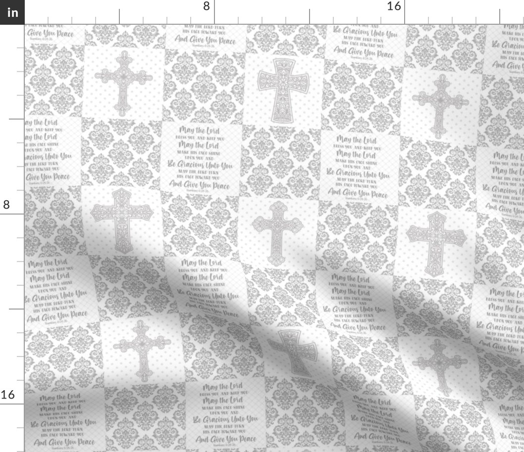 Smaller Scale Patchwork 3 Inch Squares May The Lord Bless You And Keep You Christian Bible Verses Scripture Sayings and Hymns for Cheater Quilt or Blanket White and Soft Grey 
