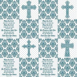 Smaller Scale Patchwork 3 Inch Squares May The Lord Bless You And Keep You Christian Bible Verses Scripture Sayings and Hymns for Cheater Quilt or Blanket White and Turquoise Blue 