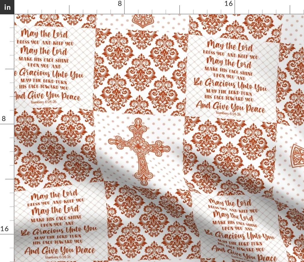 Bigger Scale Patchwork 6 Inch Squares May The Lord Bless You And Keep You Christian Bible Verses Scripture Sayings and Hymns for Cheater Quilt or Blanket White and Sunset Orange