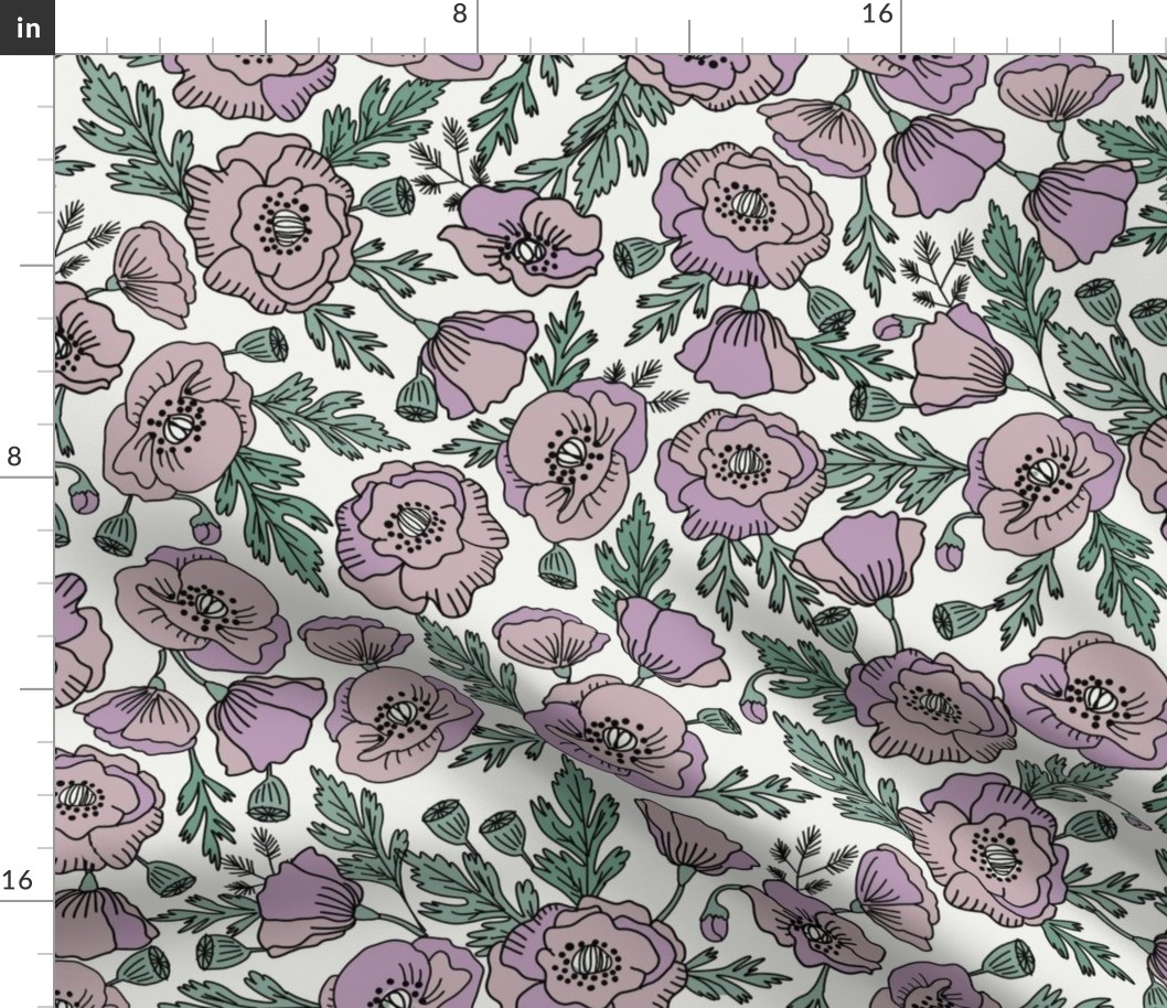 LARGE poppies floral fabric - poppy design, florals - lilac