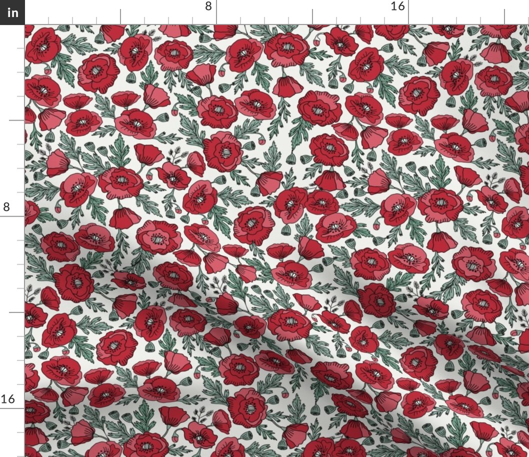 MEDIUM poppies floral fabric - poppy design, florals - red