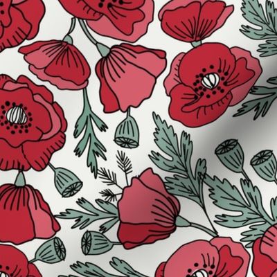 LARGE  poppies floral fabric - poppy design, florals - red