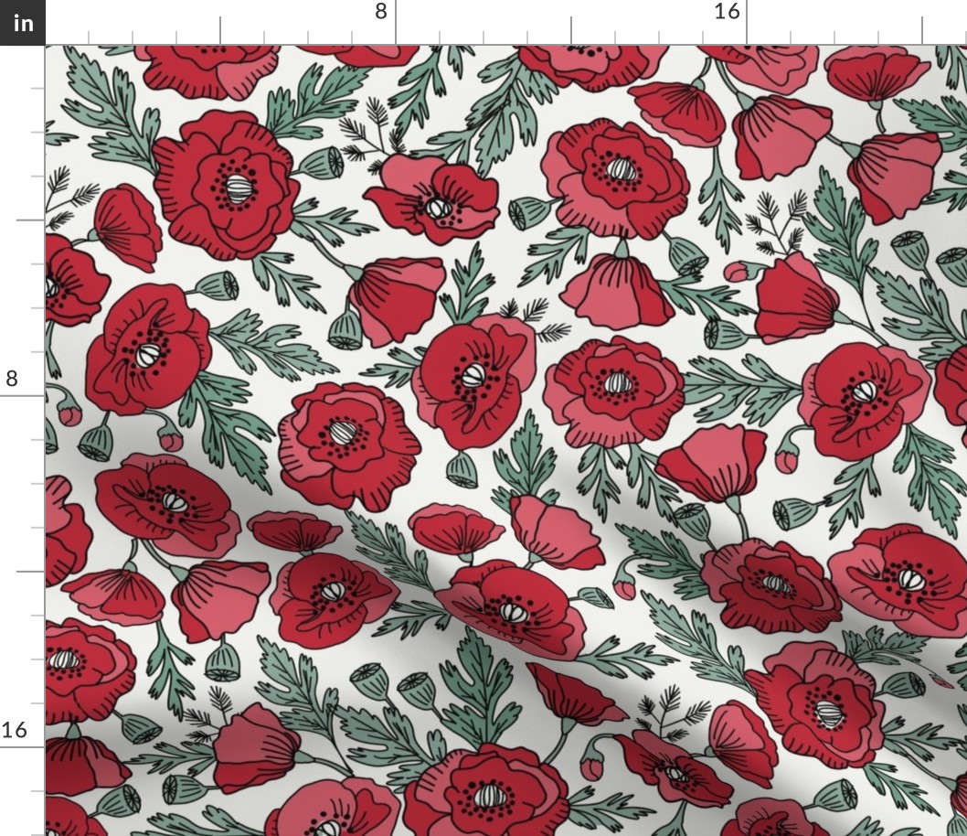 LARGE  poppies floral fabric - poppy design, florals - red