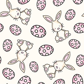 Large Scale Spring Bunnies and Pink Easter Eggs on Antique White