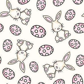 Medium Scale Spring Bunnies and Pink Easter Eggs on Antique White