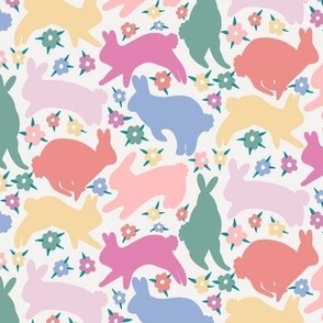 Pastel Colors - Running Hopping Bunny Rabbits - Light - 5” x 5” half drop repeat