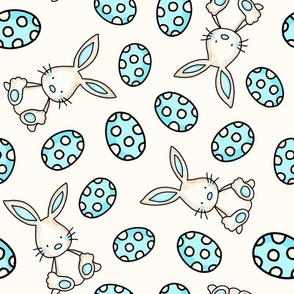 Large Scale Spring Bunnies and Blue Easter Eggs on Antique White