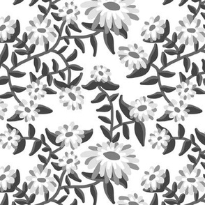 Block Print Wild Mum Flowers in Grays on White
