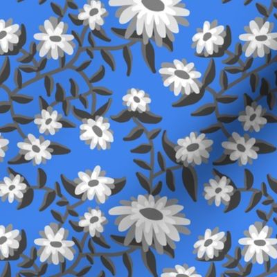 Block Print Wild Mum Flowers in Grays on Blue