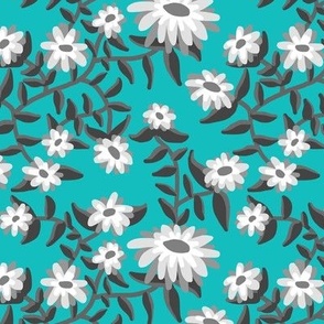 Block Print Wild Mum Flowers in Grays on Turquoise Blue