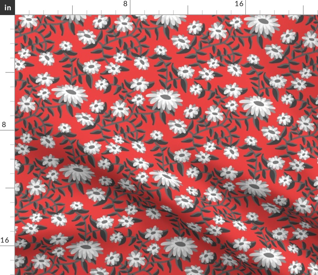Block Print Wild Mum Flowers in Grays on Dark Coral Red