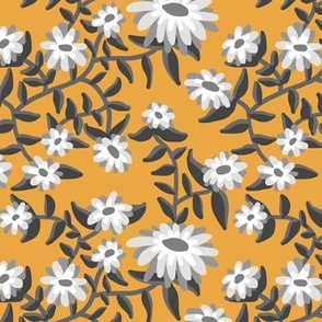 Block Print Wild Mum Flowers in Grays on Golden Orange