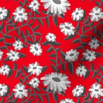 Block Print Wild Mum Flowers in Grays on Red