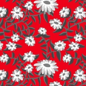 Block Print Wild Mum Flowers in Grays on Red