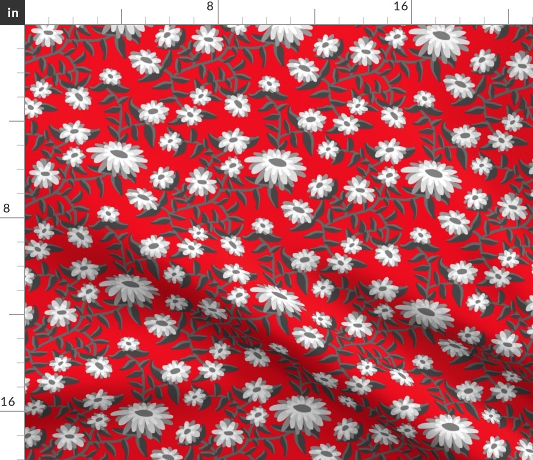 Block Print Wild Mum Flowers in Grays on Red