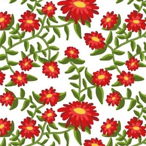 Block Print Wild Mum Flowers in Red on White