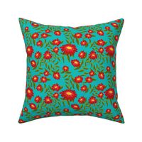  Block Print Wild Mum Flowers in Red on Turquoise Blue