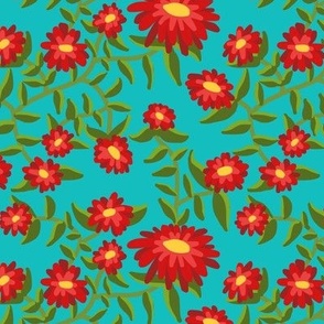  Block Print Wild Mum Flowers in Red on Turquoise Blue