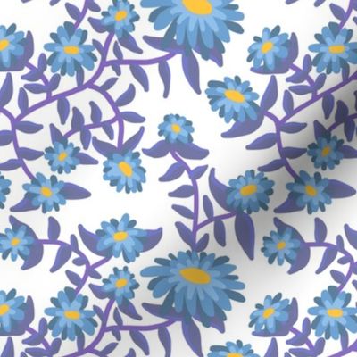 Block Print Wild Mum Flowers in Blue Purples on White