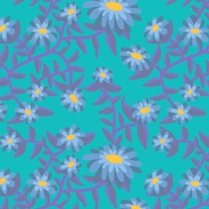 Block Print Wild Mum Flowers in Blue Purples on Turquoise Blue