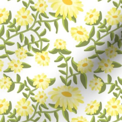 Block Print Wild Mum Flowers in Yellow on White