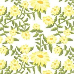 Block Print Wild Mum Flowers in Yellow on White