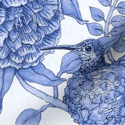 Hummingbirds Floral China Blue Large Scale