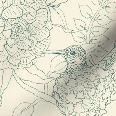 Floral Line Art With Hummingbirds And Peonies