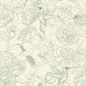 Floral Line Art With Hummingbirds And Peonies