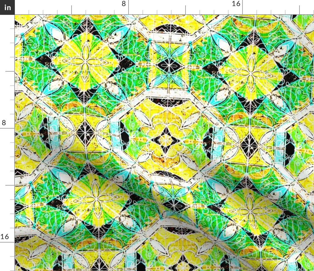 Bright  yellow, green and black geometric boho mandala