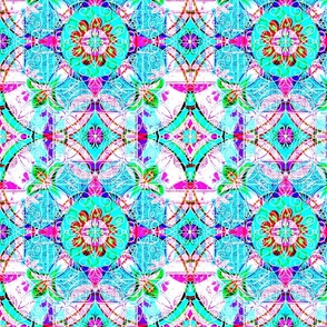 Bright pink, blue and aqua geometric boho mandala 