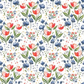 Watercolor floral tulips (White-red-blue-green-)