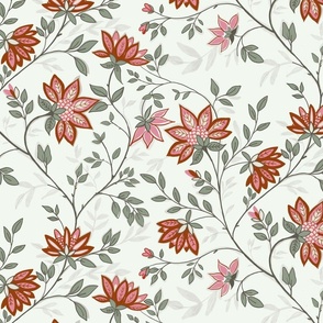 Radha Rani floral pattern Large scale pink and red flowers on cream background wall paper for a lady’s boudoir 