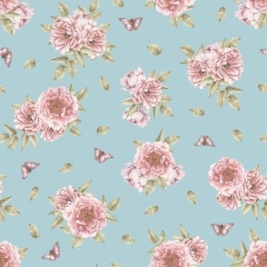 Faded Pink Peonies,  Roses and Butterflies on a Light Blue background, Smaller