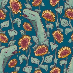 Sauropods in the Sunflowers, teal, medium