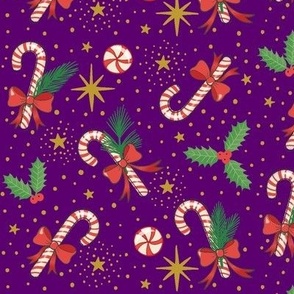 traditional Christmas candy cane and holly - purple, vintage victorian sweets purple