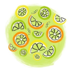 Cluster of Orange, Lemon, and Lime Slices on A Lime Circle and A  White Background