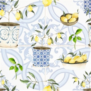 Watercolor Lemons,Mediterranean art,summer,lemon trees,tiles.