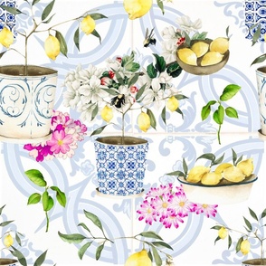 Watercolor Lemons,Mediterranean art,summer,lemon trees,tiles.