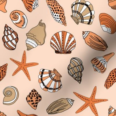 SMALL shells fabric - beach ocean tropical shells, starfish, - orange