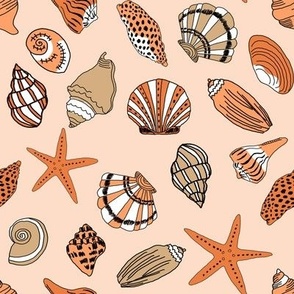 SMALL shells fabric - beach ocean tropical shells, starfish, - orange