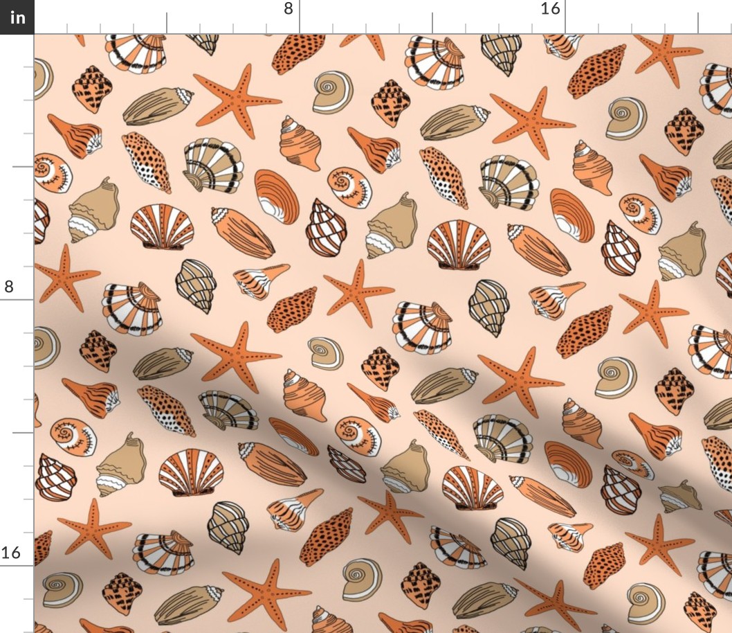SMALL shells fabric - beach ocean tropical shells, starfish, - orange