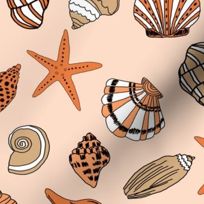 MEDIUM shells fabric - beach ocean tropical shells, starfish, - orange