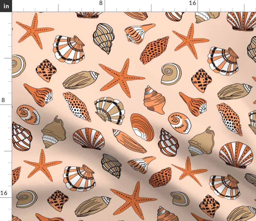 MEDIUM shells fabric - beach ocean tropical shells, starfish, - orange