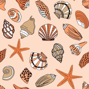 LARGE shells fabric - beach ocean tropical shells, starfish, - orange