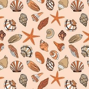 MINI shells fabric - beach ocean tropical shells, starfish, - orange