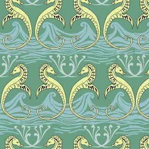 CFA CFA Voysey Seahorses Sea Marine Life Waves Art Deco Art Nouveau Lt Green  Ocean