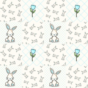 Bigger Scale Patchwork 6" Squares Baby Bunnies and Blue Tulips on Antique White for Cheater Quilt or Blanket