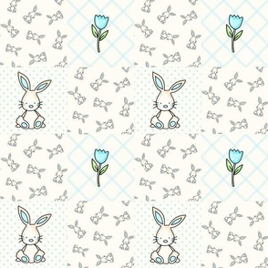 Smaller Scale Patchwork 3" Squares Baby Bunnies and Blue Tulips on Antique White for Cheater Quilt or Blanket