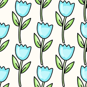 Large Scale Blue Spring Tulips on Antique White